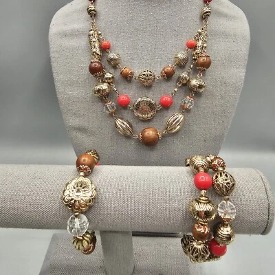 Beaded Jewelry Set (1) Necklace (2) Bracelets Red Wood Embossed Metal Floral  - Image 1 of 4