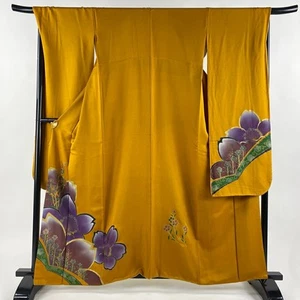 Furisode Kimono Length 161cm Sleeve 67.5cm Flower Gold Yamabuki Brown Used - Picture 1 of 6