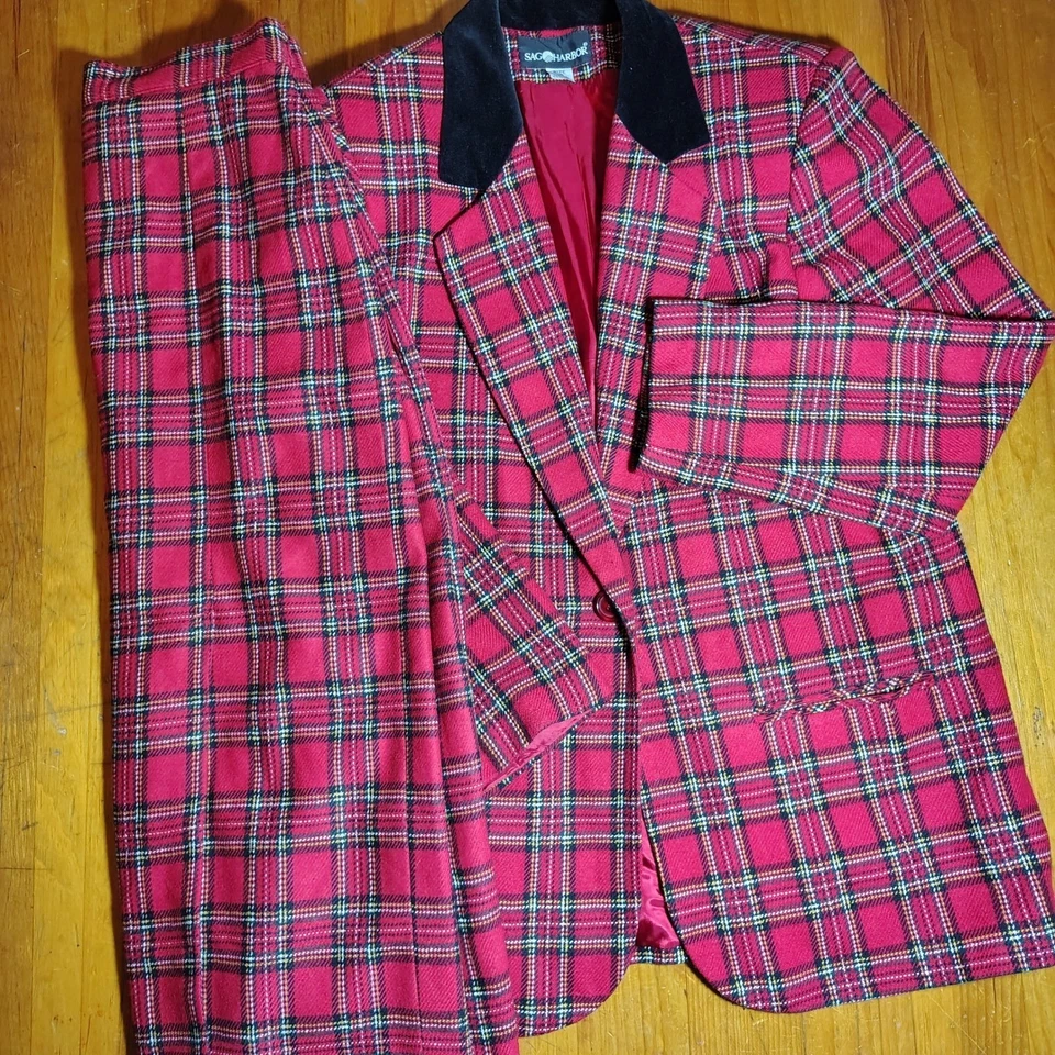 Conjunto de traje falda blazer vintage Sag Harbor rojo cuello terciopelo a cuadros talla 12 Foto 1 de 4