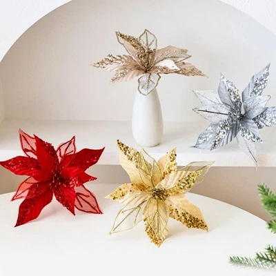 Fiore Poinsettia Grande Glitterato per Corona Albero di Natale e Decorazione Mat - Immagine 1 di 4