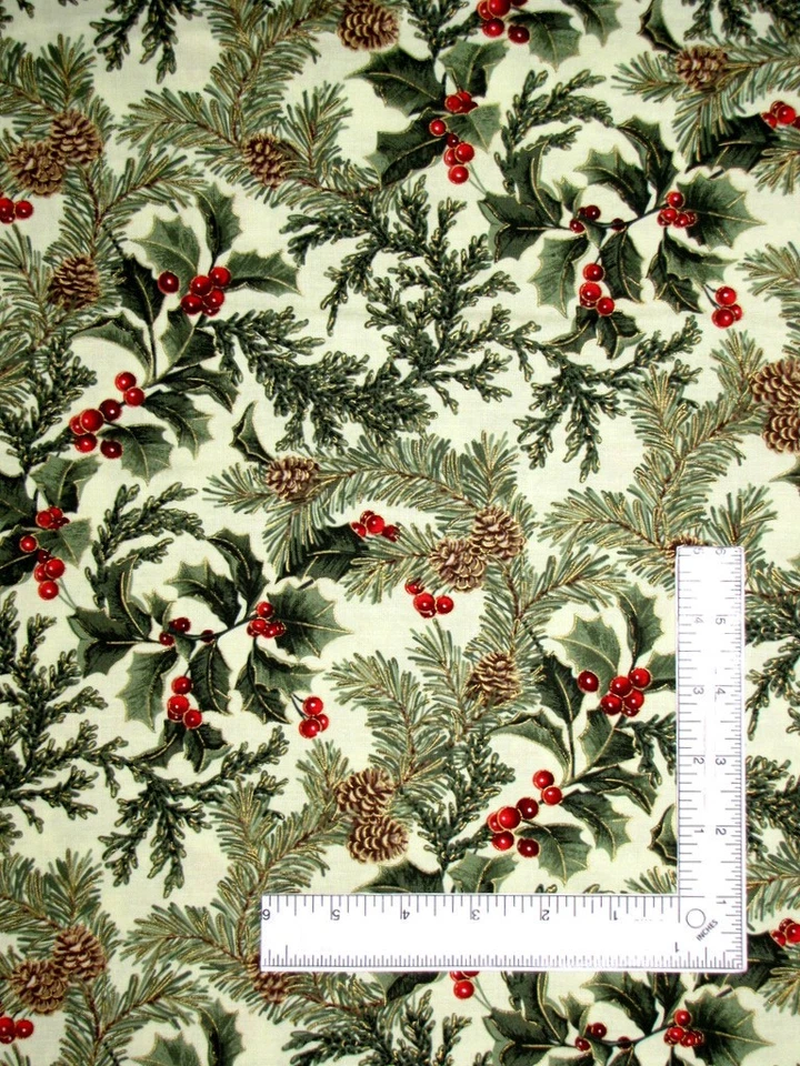 Tela dorada verde acebo de pino de Navidad por yarda invierno pinos algodón Benartex Foto 1 de 1