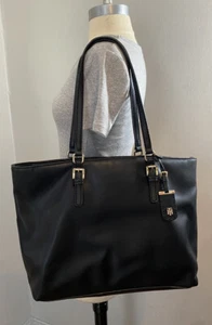 TOMMY HILFIGER Black LEATHER Tote SATCHEL Shoulder Bag - Picture 1 of 7