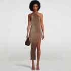 L’Idee Turlington Sleeveless Halter Neck Split Gown Sand Pleated Satin Dress 4