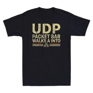 UDP Packet Bar Walks A Into - Network Engineer Vintage Men's T-Shirt Black Tee - Picture 1 of 6