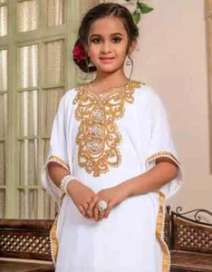 Kids White Long Kaftan New Gown Wedding Georgette Party Moroccan Dress Abaya - Picture 1 of 4