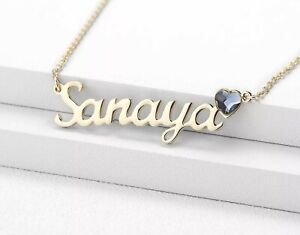 Personalized Name Necklace With Heart CZ Birthstone Cursive Nameplate Necklace 