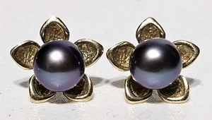 Stunning 14K Gold Plumeria 7mm Tahitian Pearl Floral Earrings - Picture 1 of 17