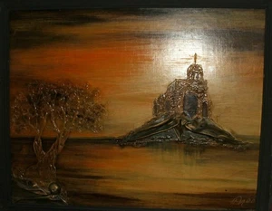Surrealist oil/collage painting landscape lake monastery signed - Picture 1 of 11
