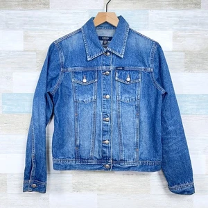IZOD Jeans Vintage 90s Denim Trucker Jacket Blue Button Up Casual Womens Medium - Picture 1 of 5