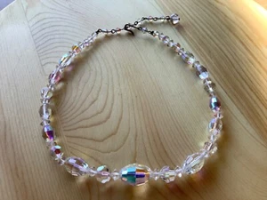Vintage Aurora Borealis Necklace 16 in Clear Iridescent Faceted Glass Fancy Cut - Picture 1 of 14