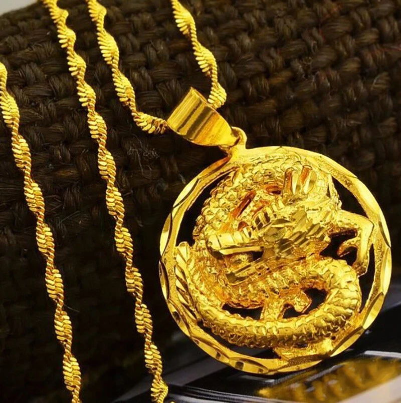 18k 黄金填充银色 24 英寸龙吊坠项链 D772 — 第 1/4 张图片