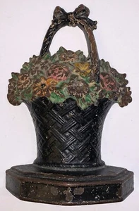 CESTA PEQUEÑA DE FLORES MIXTAS con tope de puerta de hierro fundido #42 ¡Raro! - Imagen 1 de 9