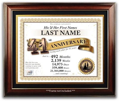 CERTIFICADO PERSONALIZADO FELIZ 41 ANIVERSARIO BODA - 41 AÑOS REGALO PRESENTE Foto 1 de 2