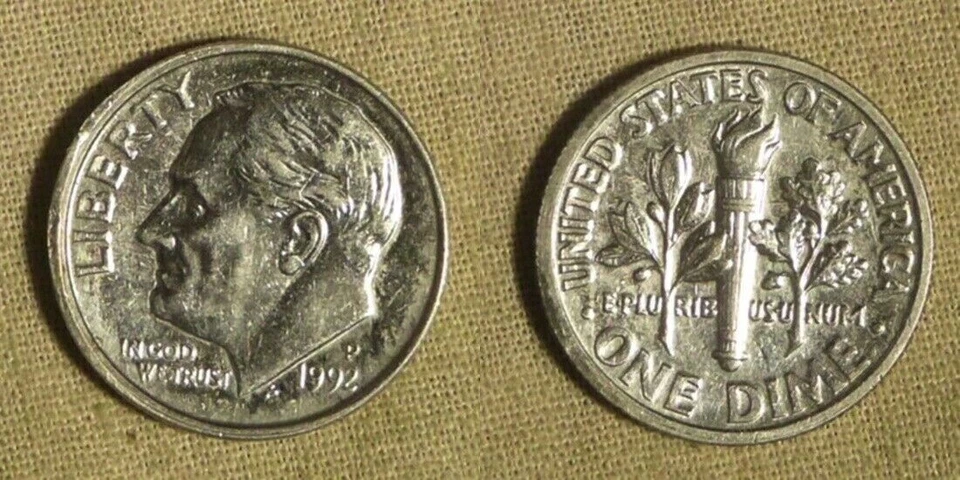 Error: 1992P Dime Mis-aligned Die & Rim Cud K7-9 Obv. IREC654 - Image 1 of 1