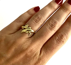 Anello donna a fascia doppio delfino in oro giallo massiccio 14 kt misura 6,5 - Foto 1 di 13