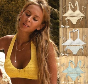Women crochet sexy bikini set boho hand string top bottom Sunbathing swimsuit - Picture 1 of 16