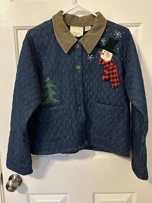 Chaqueta Muñeco de Nieve Acolchada Denim Azul Sugar Ridge De Colección Talla S Algodón Bordado de Navidad Foto 1 de 4