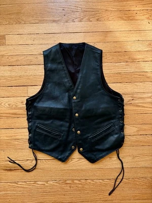 Langlitz Leathers 40" chest black leather motorcycle vest snap front laced sides - Image 1 of 4