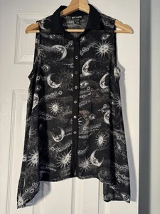 Hot Topic Sheer Button Up Vest Sz S Evil Eye Celestial Witchy Asymmetrical Tarot - Picture 1 of 5