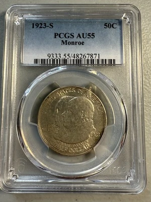 Medio dólar de plata conmemorativo Doctrina Monroe 1923-S 50c.  PCGS AU55. Foto 1 de 2