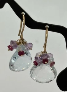 14k Yellow Gold Wire Blue Topaz Briolette Earrings w Amethyst & Ruby Beads 5.22g - Picture 1 of 7