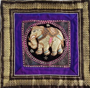 2pc Thai Burmese Kalaga  Embroidered and Beaded Elephants Tapestry - Picture 1 of 4