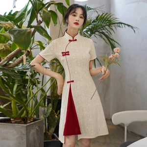 Vestido tradicional étnico de cintura alta retro para mujer Mini Cheongsam chino Qipao - Imagen 1 de 11