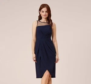Adrianna Papell Stretch Knit Crepe Draped Illusion Short Faux Wrap Dress Midnigh - Picture 1 of 11