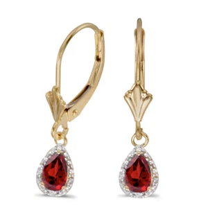 14k Yellow Gold Pear Garnet And Diamond Leverback Earrings - Picture 1 of 3