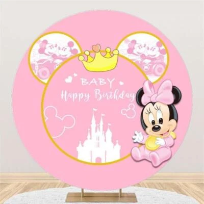 Cubierta de fondo redonda de Minnie Mouse para bebé niña fiesta de cumpleaños decoración de fondo Foto 1 de 4