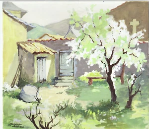 Leblanc Jeannine XXe Artiste Cotée Gouache Originale signée Paysage au Printemps - Picture 1 of 3