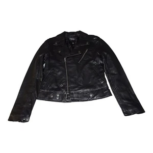 Chaqueta de motociclista Victoria's Secret de cuero genuino con cinturón negra para mujer XS - Imagen 1 de 10