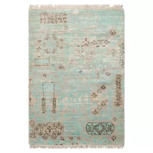 2'x3' Hand Knotted Turquoise Tibetan Modern Abstract Wool & Bamboo Silk Area Rug - Picture 1 of 5