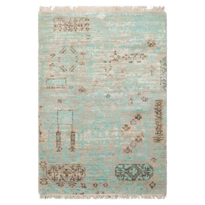 2'x3' Hand Knotted Turquoise Tibetan Modern Abstract Wool & Bamboo Silk Area Rug - Image 1 of 4