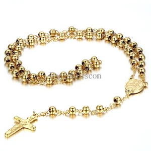 Gold Tone Stainless Steel Chain Necklace w Jesus Christ Crucifix Cross Pendant - Picture 1 of 1
