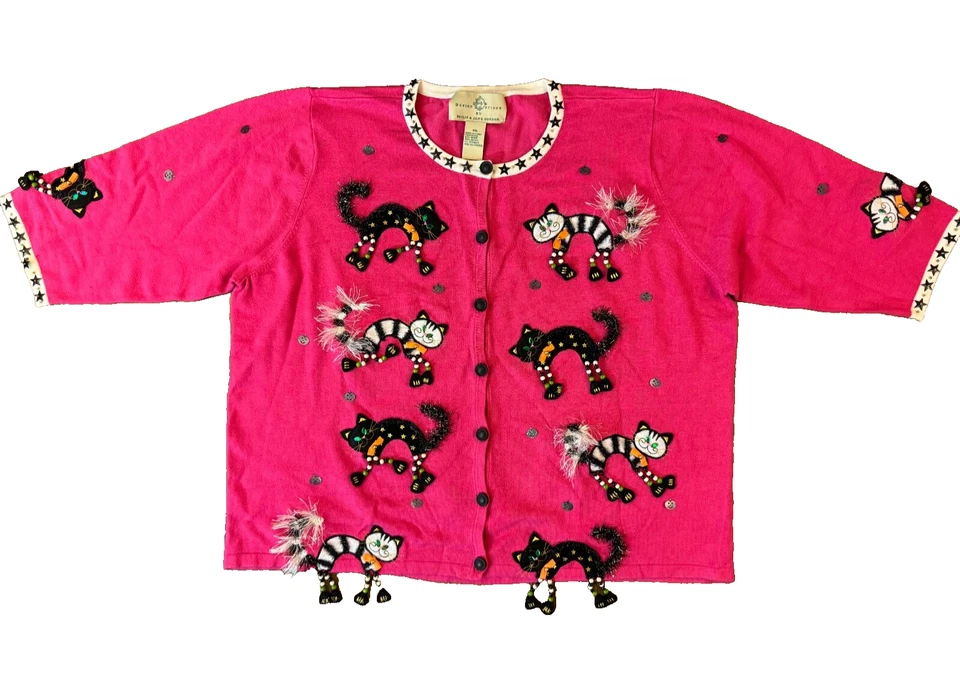 VTG Design Options Cardigan Sweater Womens 2X Cat Halloween Whimsical Witchy Y2K - Image 1 of 4