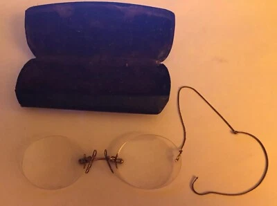 Gafas redondas antiguas sin marco Art Deco llenas de oro amarillo PINCE NEZ con estuche de 4" Foto 1 de 4