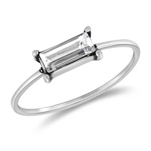 Classic Solitaire Baguette Crystal Rectangle Sterling Silver Band Ring-7 - Picture 1 of 5