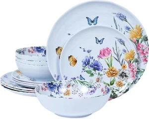 12 Piece Melamine Dinnerware Sets - Plates and Bowls Sets Floral Dinnerware Sets - Picture 1 of 8