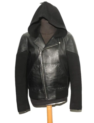 SUPERB GIVENCHY BLACK LEATHER NEOPRENE HOODED LAMB SKIN BIKER JACKET L - Image 1 of 4
