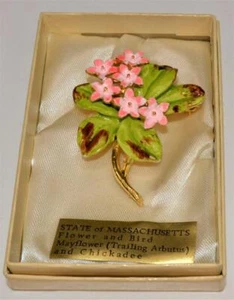 Nib Firmado Rafaelian Verde Esmalte Rosa Massachusetts Chickadee Flor Broche - Imagen 1 de 3