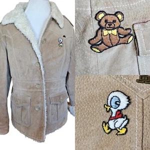 Retro Y2K Womens Medium Tan Suede Western Jacket Sherpa Lined Patches Bear Duck - Picture 1 of 15