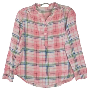Odri Womens Size L 1/2 Button Down Popover Pink Plaid Shirt Light Fabric - Picture 1 of 13