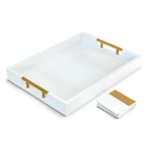 Serving Tray With Handles White Gold Polished Metal 16''x12'' Modern Decorative - Picture 1 of 7