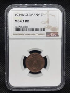 1939 B Germany 2 Reichspfennig Nazi Third Reich 2 Pfennig Copper Coin NGC 63 RB - Picture 1 of 9