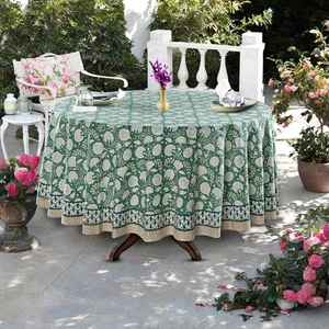 Moss Green Cotton Round 60 Tablecloth Hand Block Print Washable Reusable Tabl... - Picture 1 of 9