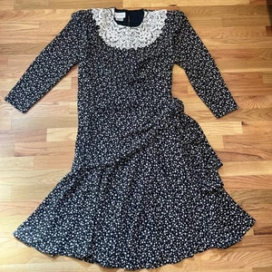 VTG 80s In the Mood Women's Midi Dress Padded Shoulders Black Taupe Lace Collar - Picture 1 of 8