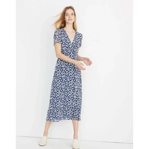 Madewell Floral Wrap Midi Dress Size 0 Blue White Short Sleeve Career Chiffon - Picture 1 of 17