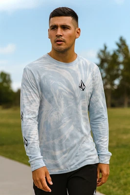 NWT Volcom Men Blue White Tie Dye Stone Logo Modern Fit Long Sleeve T-Shirt M - Image 1 of 4