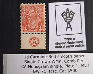 1914 Australia 1d Crm red KGV stamp Smooth Ppr 2nd WMK CA Monogm Plt 1 Mint $500 - Bild 1 von 3